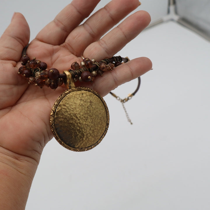 Hammered Gold Medallion Beaded Cord Necklace Brown Boho Statement