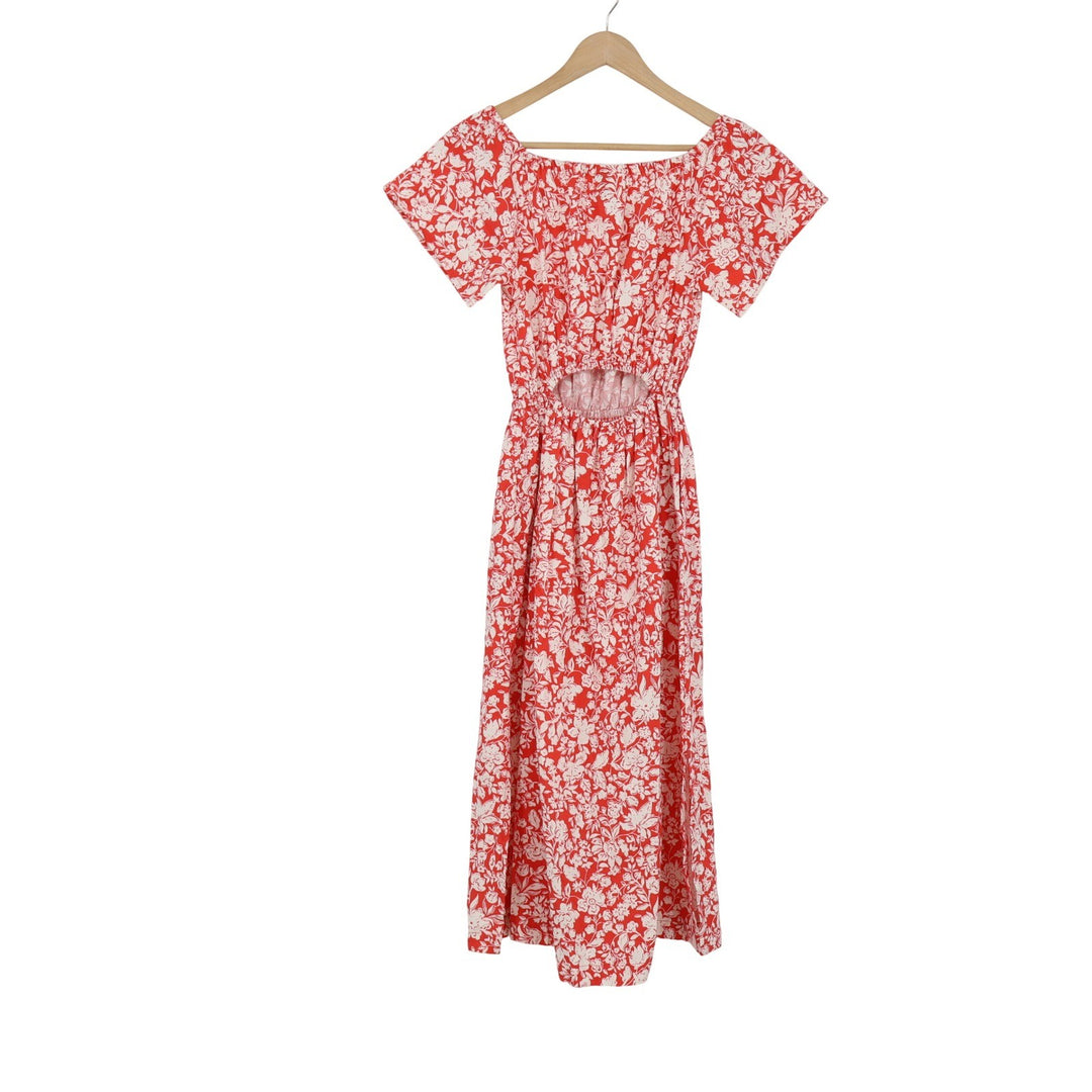 Universal Thread Red White Floral Cotton Midi Dress Back Cutout Womens XS