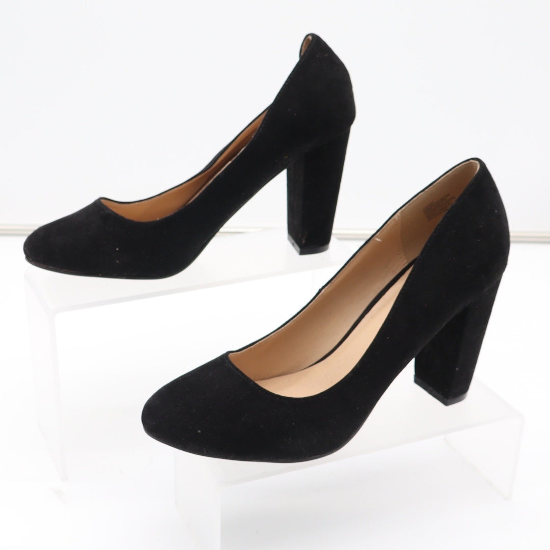 JustFab Lavinie Black Faux Suede Round Toe Block Heel Pumps Womens 8.5