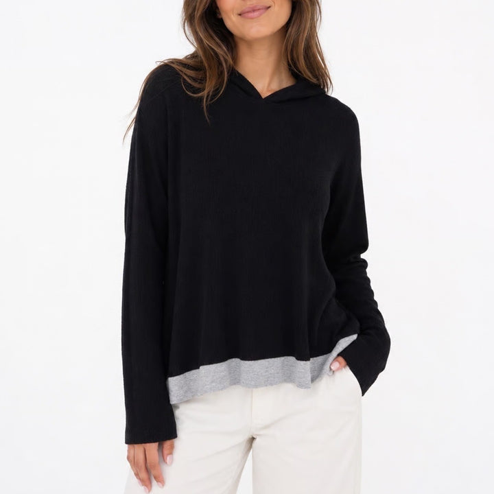 Sweet Claire Womens Black Waffle Knit Layered Hem Long Sleeve Hoodie Top L