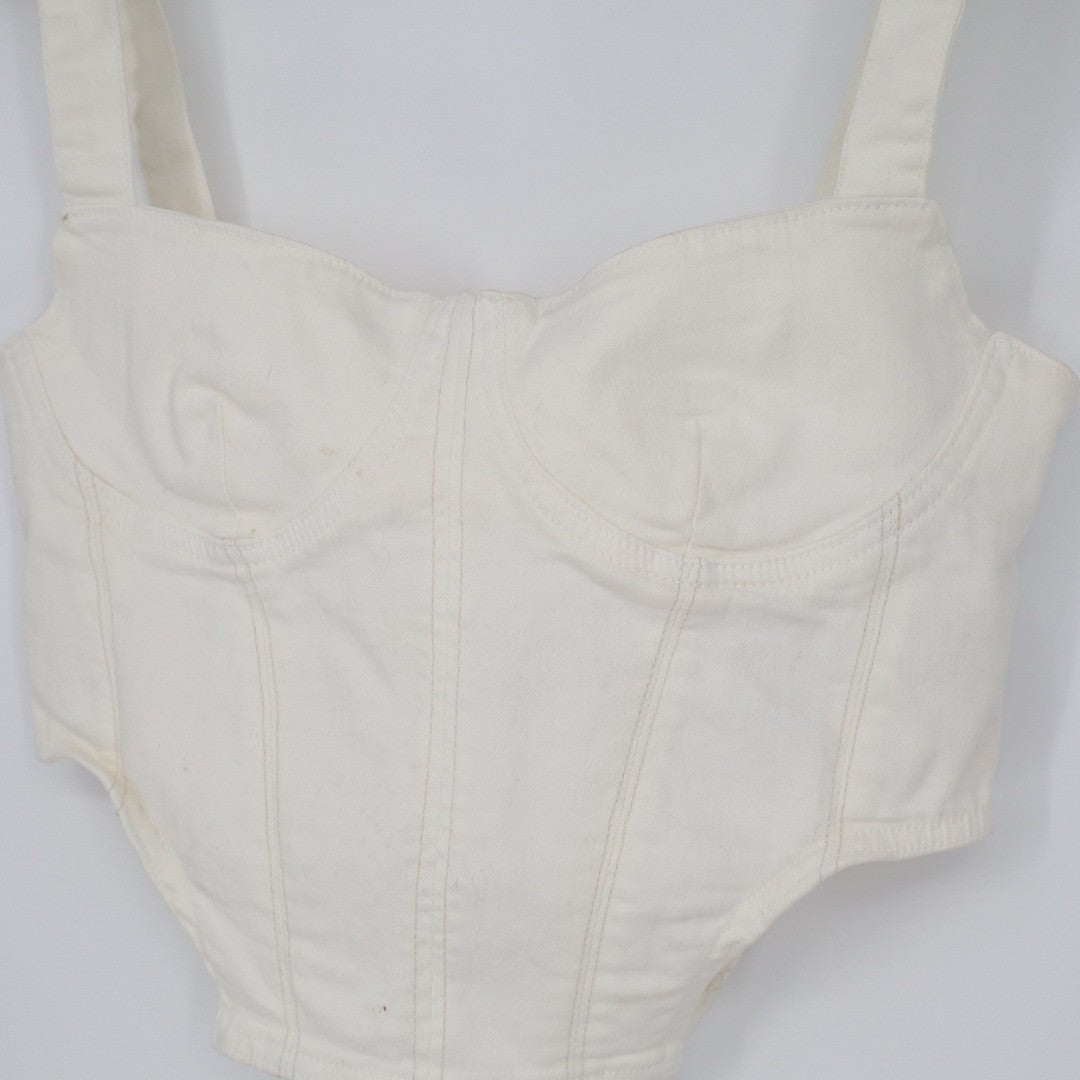 Zara Corset Top Womens Large White Denim Cotton Stretch Back Zip Wide Strap