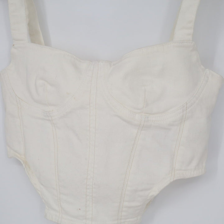 Zara Corset Top Womens Large White Denim Cotton Stretch Back Zip Wide Strap