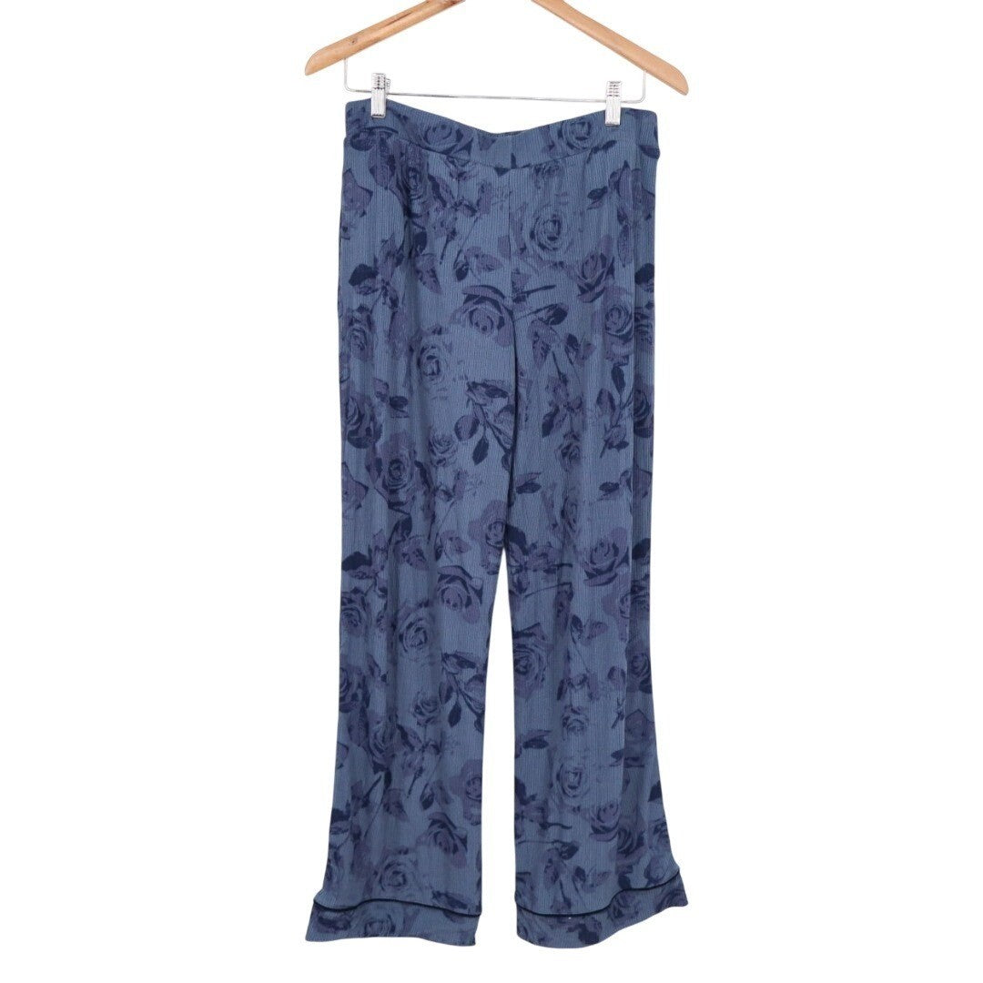 Roudelain 2-PC Pajamas Set Womens Large Blue Floral Stretch Ribbed Lapel Collar