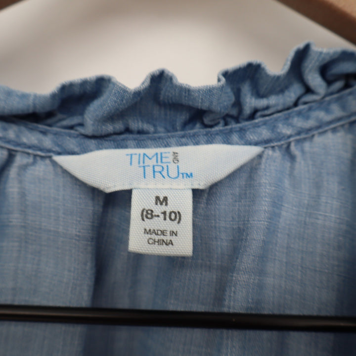 Time and Tru Womens Medium Blue Lyocell Ruffle Neck Sleeveless Blouse M 8-10