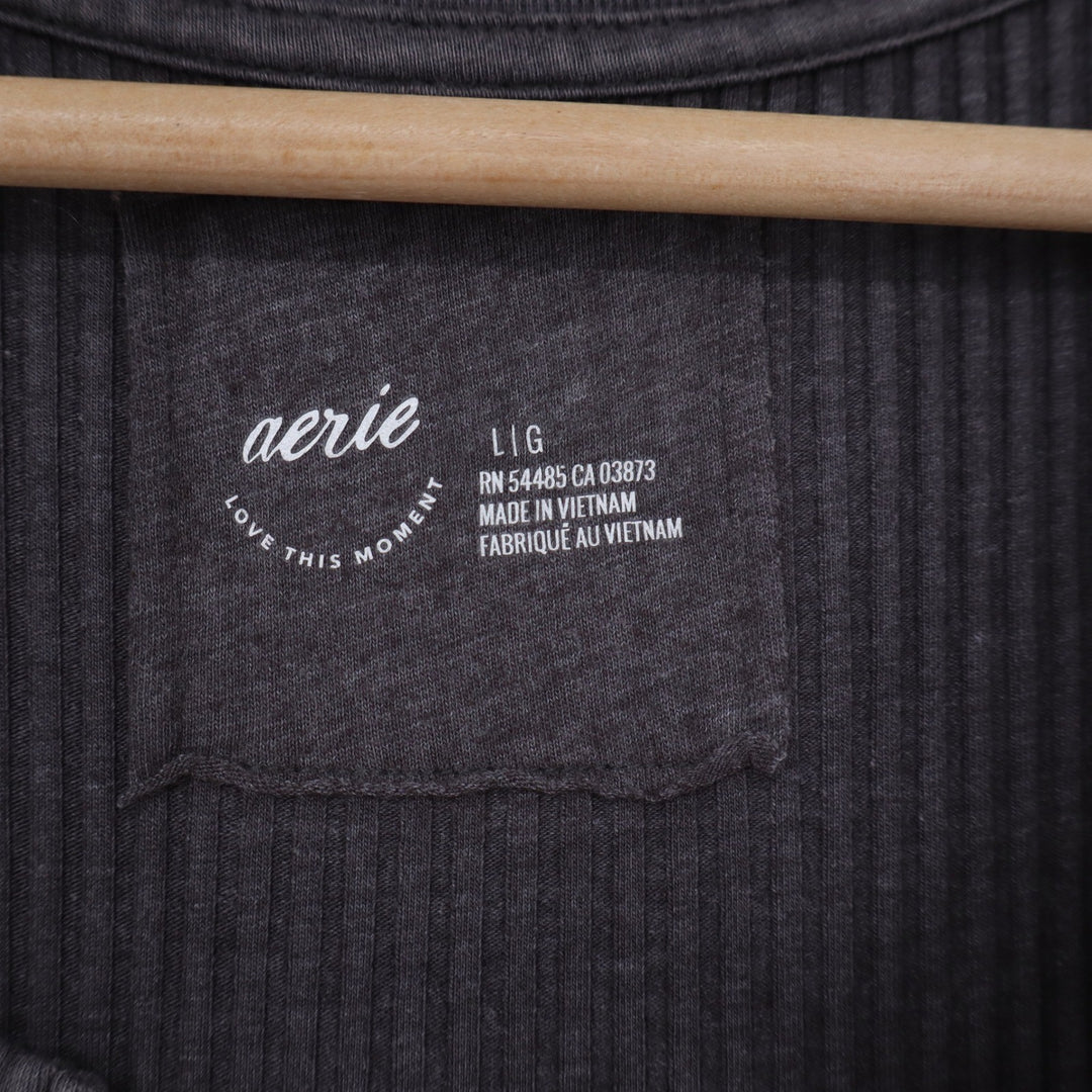Aerie Top Womens L Henley Charcoal Gray Ribbed Long Sleeve Excellent