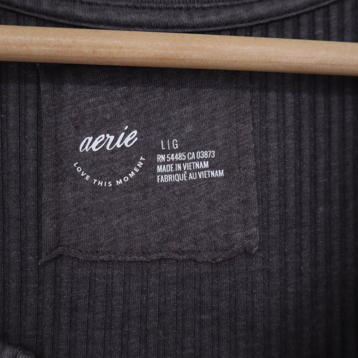 Aerie Top Womens L Henley Charcoal Gray Ribbed Long Sleeve Excellent