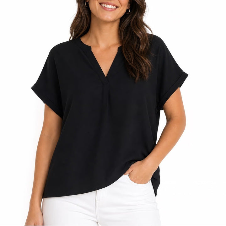 Emery Rose Black Notched V-Neck Cuffed Short Sleeve Blouse Top Medium
