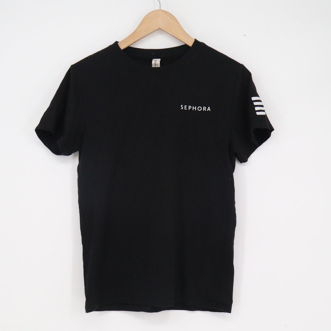 Sephora Threadfast Apparel Black Graphic T-Shirt Logo Sleeve Stripe Small