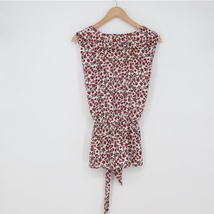 Max Studio Blouse Women's XL Cream Red Floral Ruffle Tie Waist Excellent