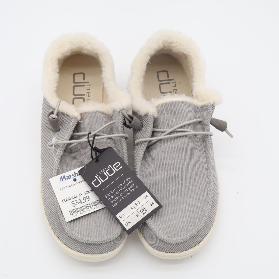 Hey Dude Wendy Women's US 8 Gray Corduroy Faux Fur Moc Toe Slip On Comfort Shoes