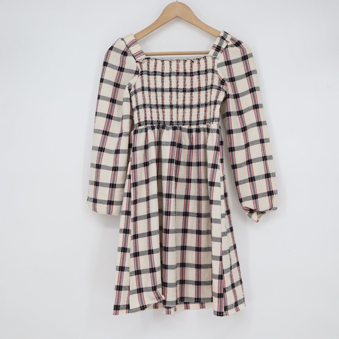 Wonder Nation Girls Plaid Smocked Long Sleeve Dress Cream Black Red L 10-12
