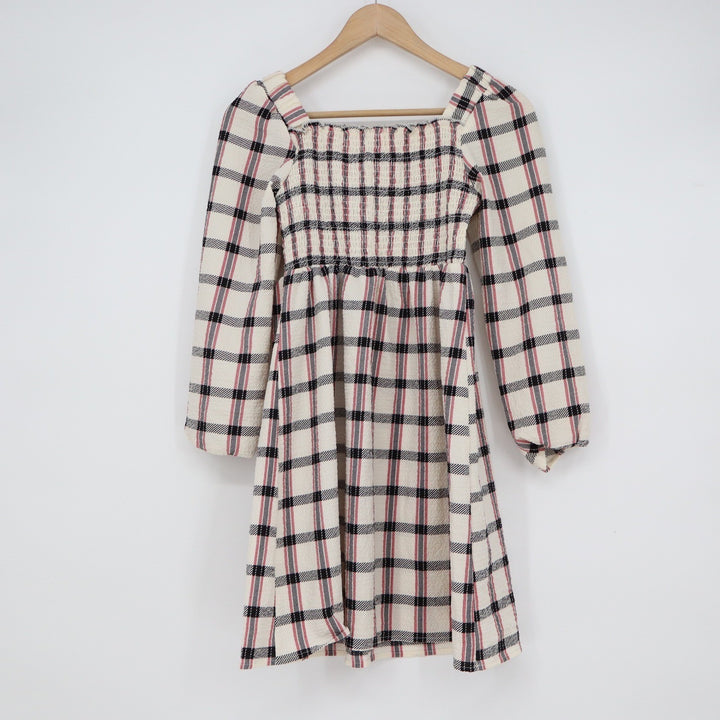 Wonder Nation Girls Plaid Smocked Long Sleeve Dress Cream Black Red L 10-12