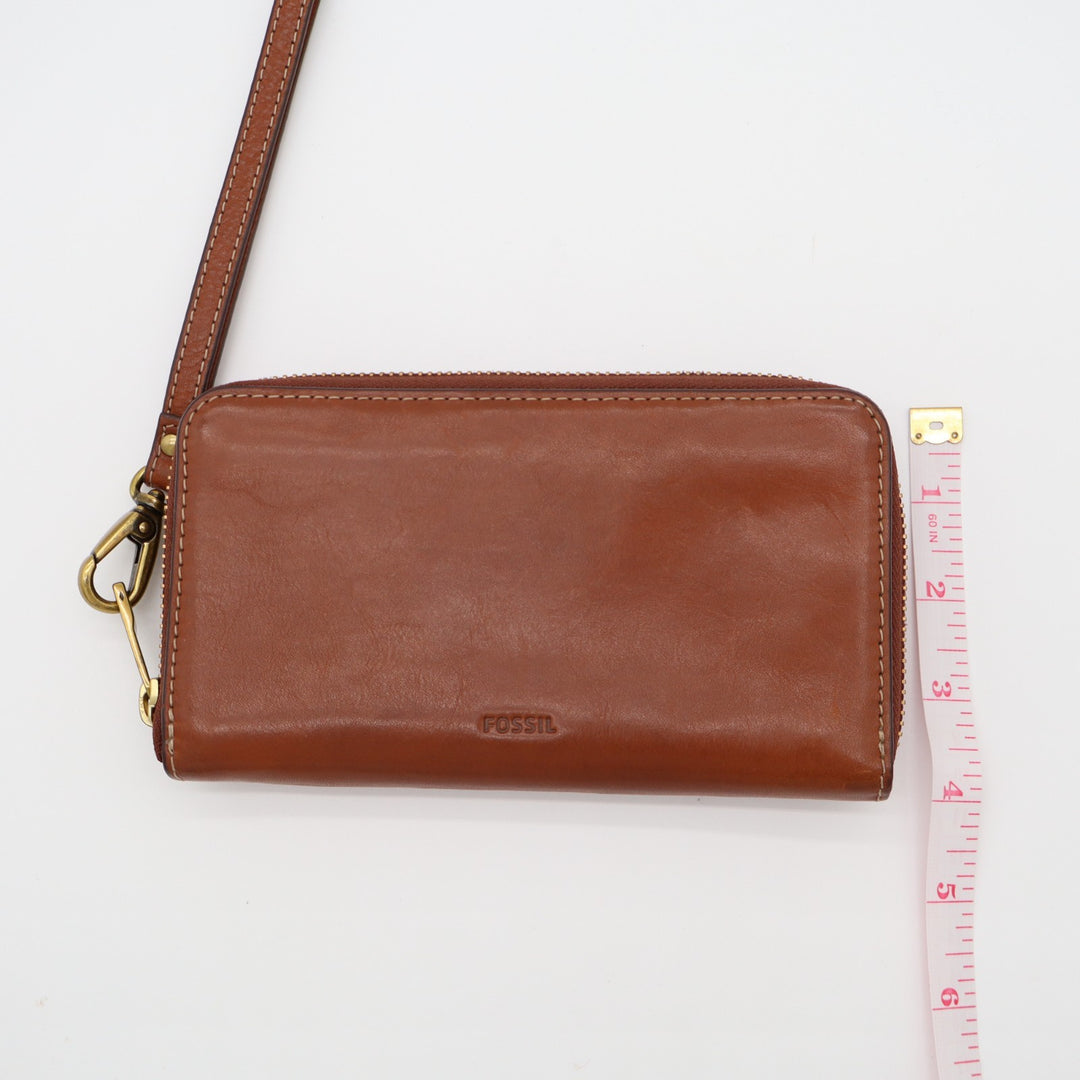 Fossil Emma Womens Brown Faux Leather Inner Pockets Zip Around Wristlet Wallet