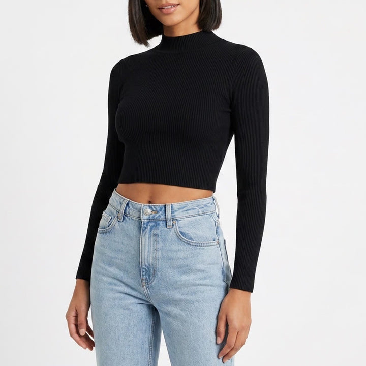 H&M Divided Cropped Sweater Womens Medium Black Ribbed Knit Mock Neck Winter