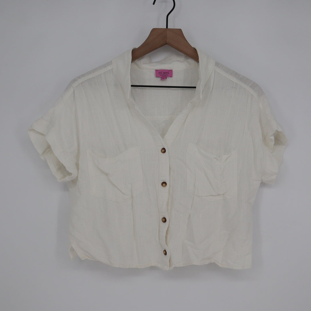 Mi Ami for Francescas White Linen Blend Cropped Button Down Shirt M