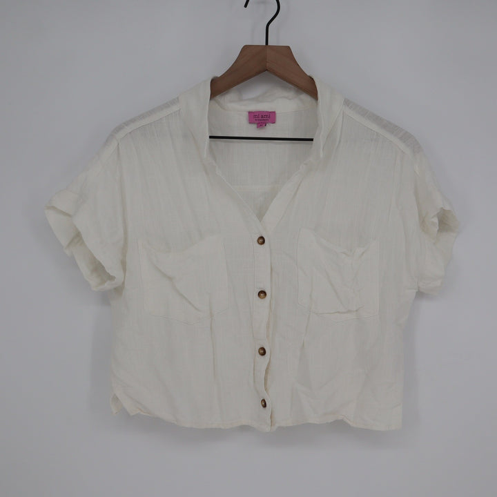 Mi Ami for Francescas White Linen Blend Cropped Button Down Shirt M