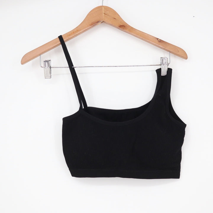 Black Asymmetrical Ribbed One Shoulder Crop Top Tank Bralette Medium