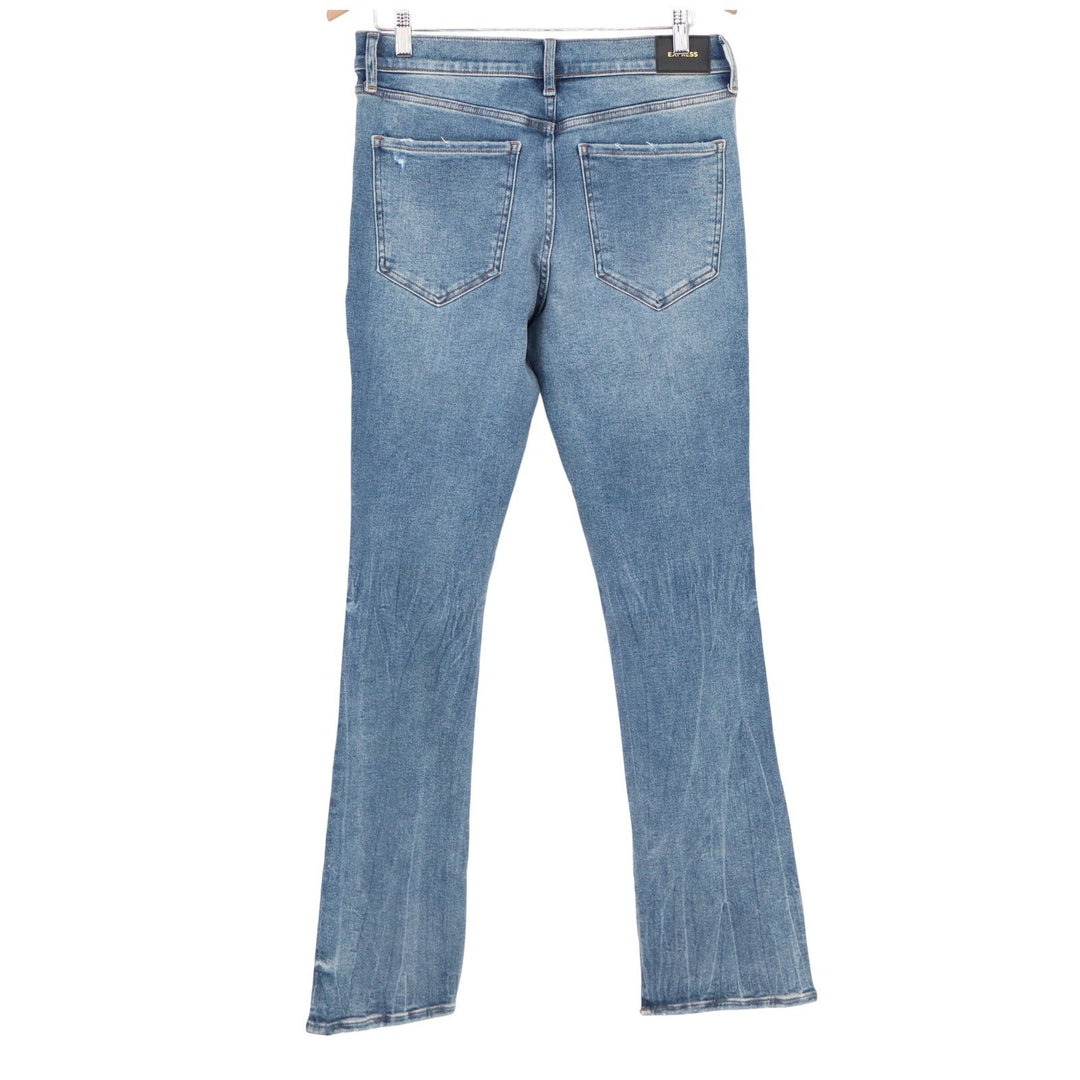 Express Skyscraper Mid Rise Flare Jeans Blue Distressed Ripped 12R