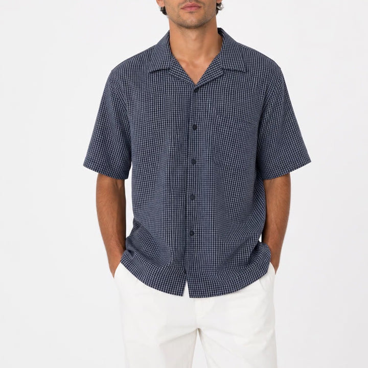 Cherokee Mens Medium Navy Blue Gingham Check Short Sleeve Button Down Shirt