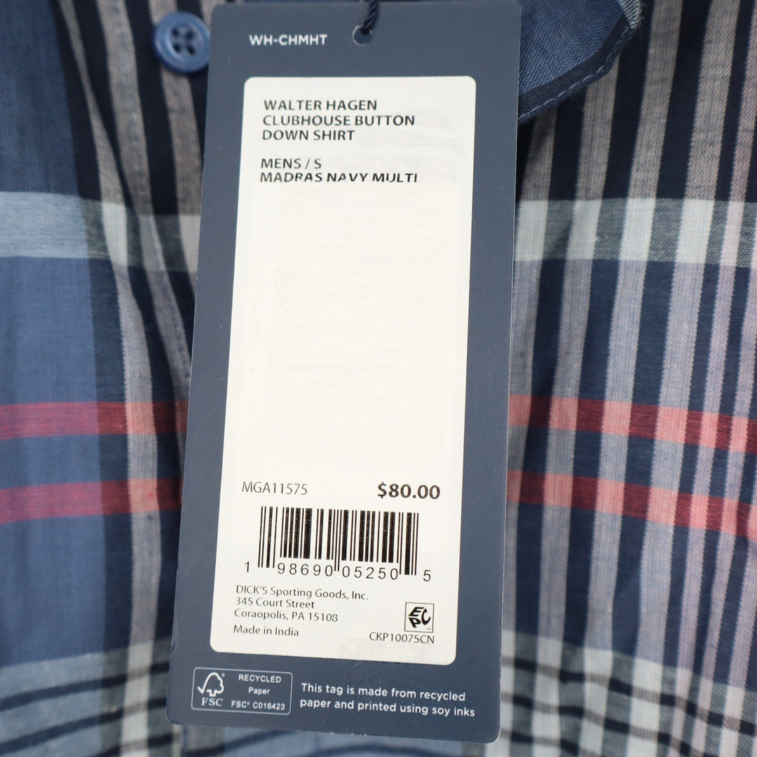 Walter Hagen Clubhouse Mens Small Madras Navy Multi Plaid Button Down Shirt NEW