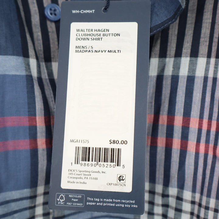 Walter Hagen Clubhouse Mens Small Madras Navy Multi Plaid Button Down Shirt NEW
