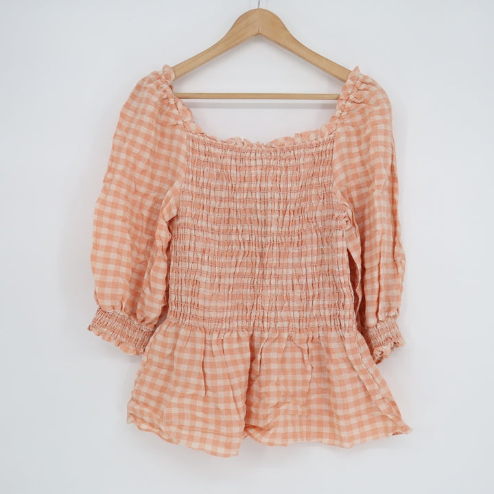 Max Studio Blouse Womens XL Blush Checked Smocked Square Neck Balloon Sleeve