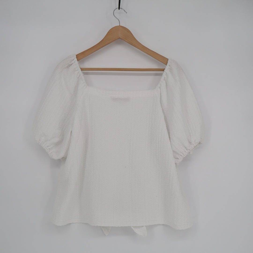 Loft Crop Top Womens L White Stretch Textured Tie Hem Square Neck Short Sleeve