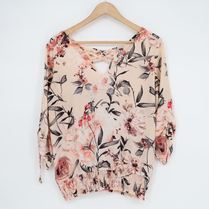 New York & Company Blouse Womens XS Beige Floral Smocked Hem 3/4 Sleeve Pullover