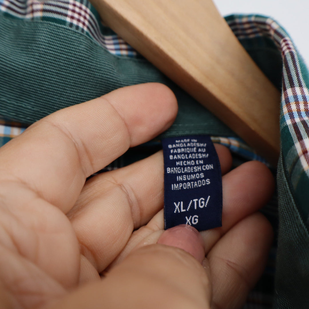 Izod Premium Essentials Mens XL Green Blue Plaid Cotton Button Down Shirt