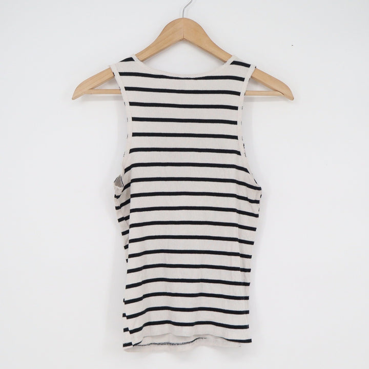 HM Divided Womens Ribbed Tank Top Large Black White Striped Crew Neck