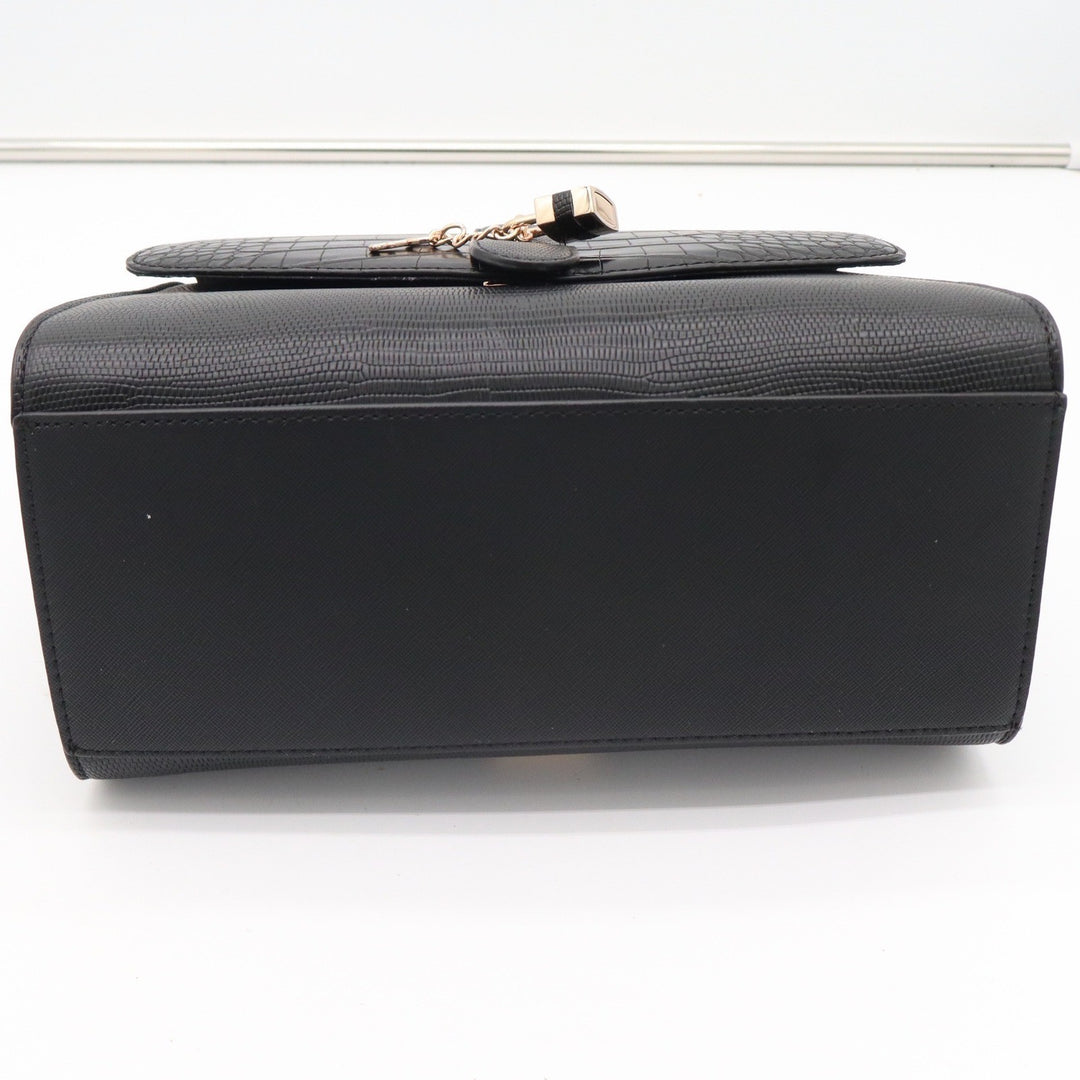 Aldo Black Croc Lizard Embossed Top Handle Satchel Bag Gold Padlock Detail