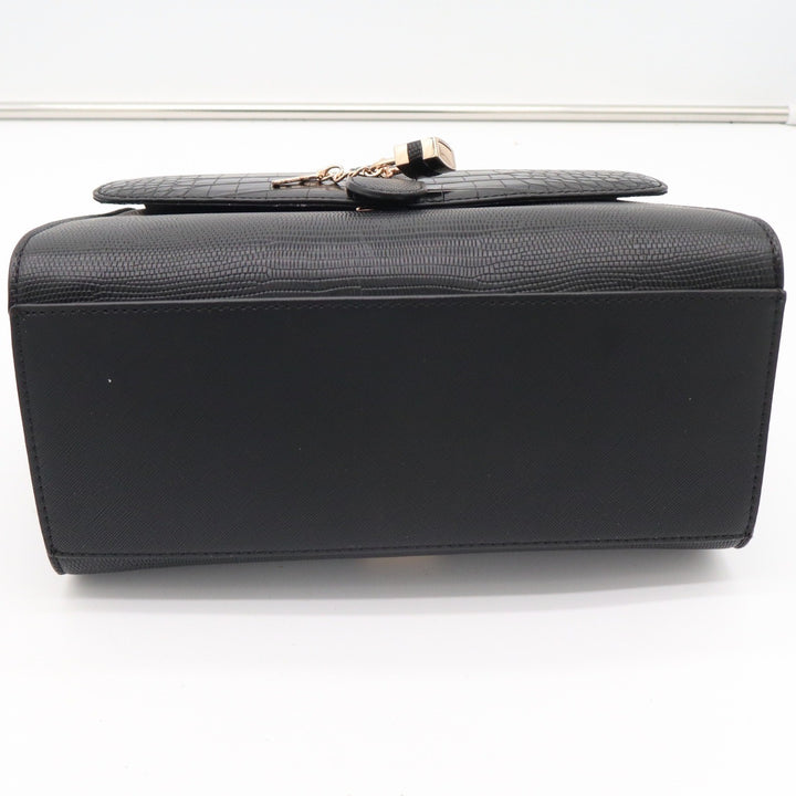 Aldo Black Croc Lizard Embossed Top Handle Satchel Bag Gold Padlock Detail