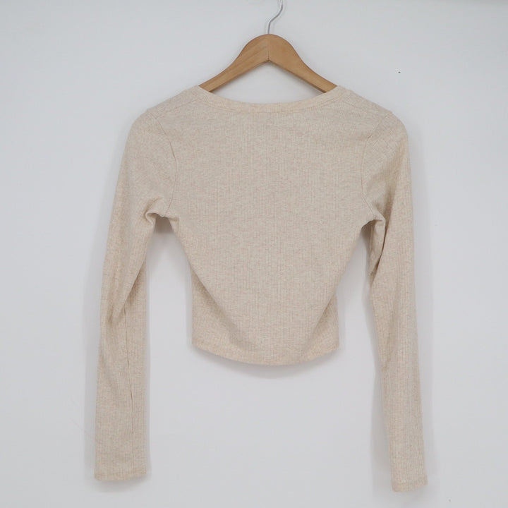 Bozzolo Womens V-Neck Ribbed Long Sleeve Crop Top Beige Oatmeal Size M