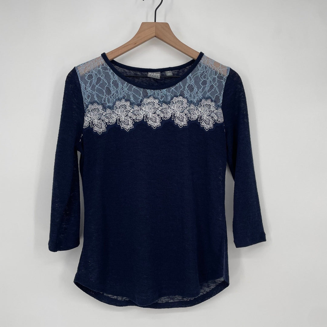 Soho Jeans Navy Blue Lace Trim 3/4 Sleeve Top XS