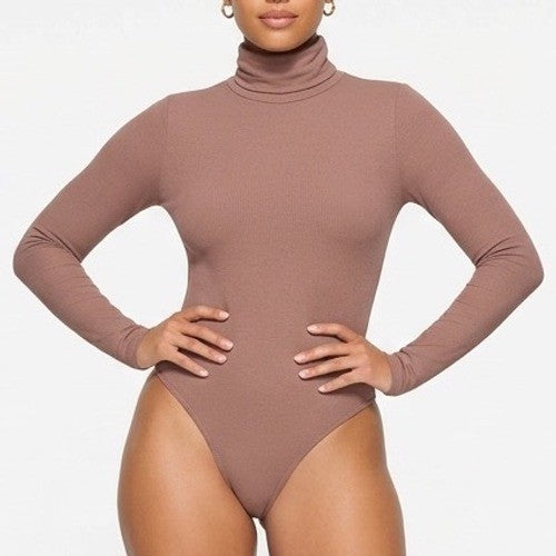 Naked Wardrobe Women's Turtleneck Long Sleeve Bodysuit Mauve Brown L