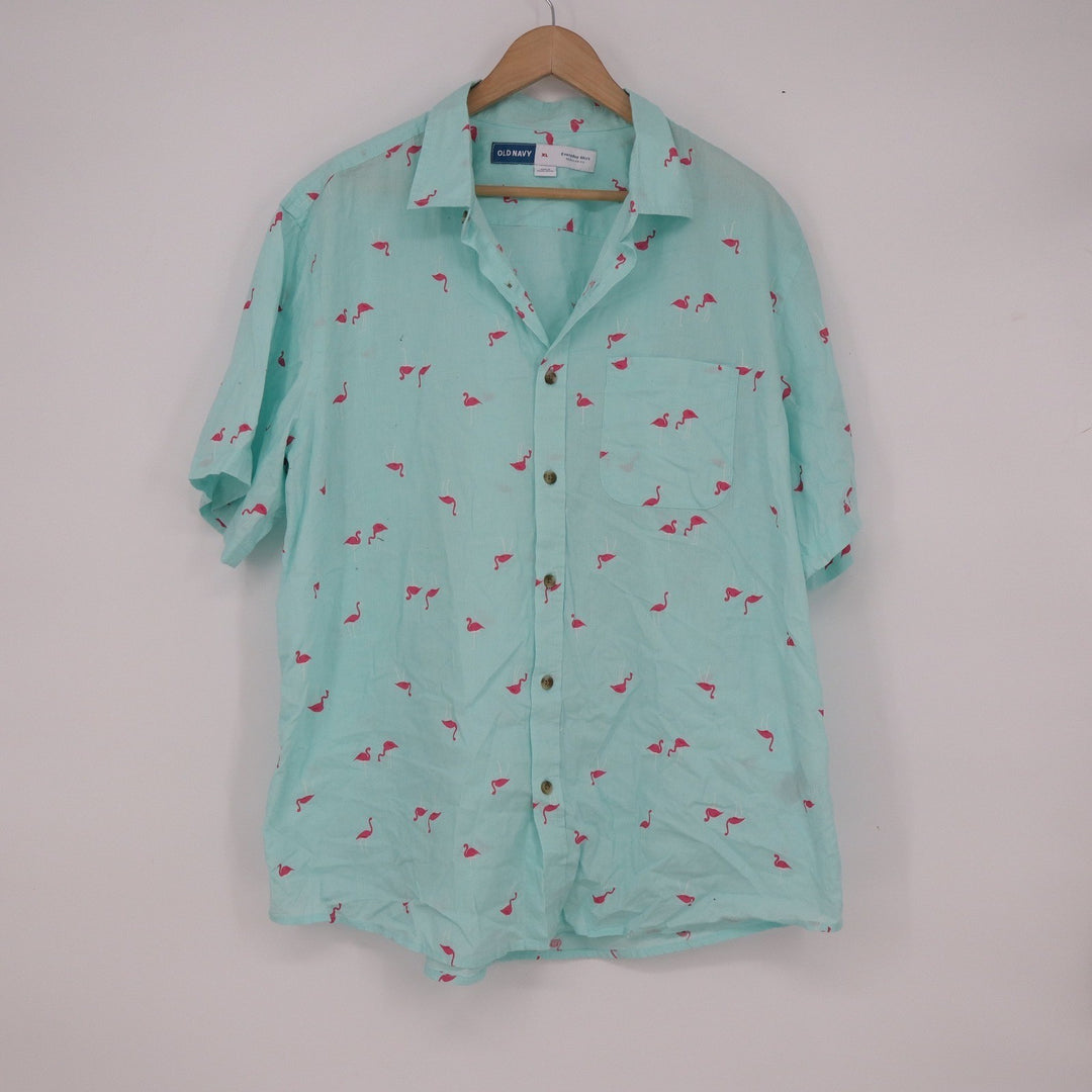 Old Navy Mens Everyday Shirt XL Mint Green Pink Flamingo Print Cotton Button