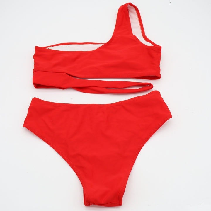 Shein 2-Piece Bikini Set Women Small Red Stretch One Shoulder Swimsuit Beachwear