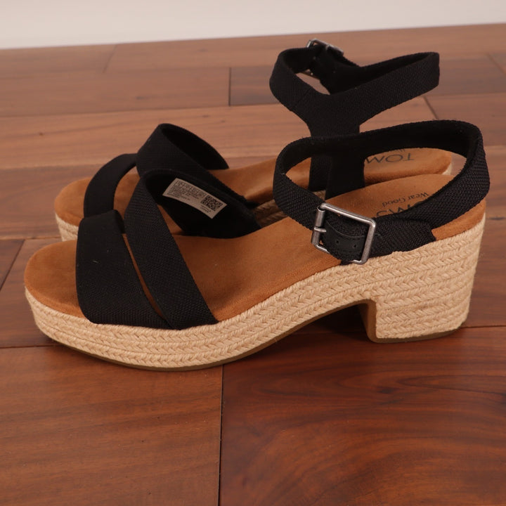 Toms Kiki Strappy Womens US 9 Black Ankle Strap Block Heel Espadrille Sandals