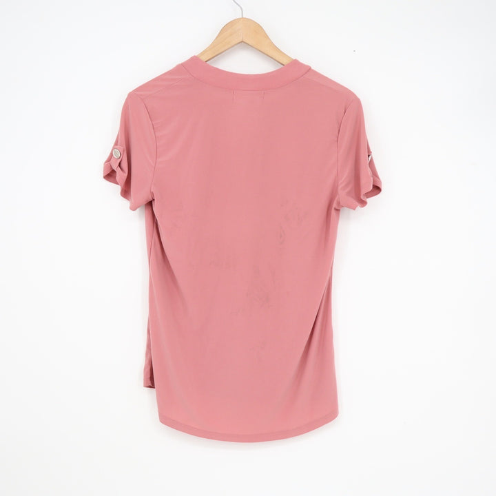 Diana Belle Womens Dusty Rose V-Neck Short Sleeve Pleated Front Blouse Size S