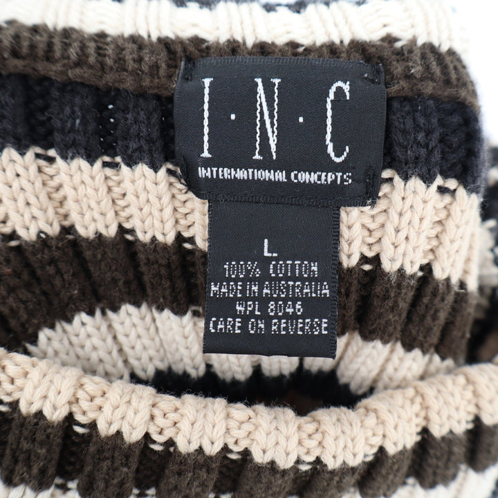 INC International Concepts Striped Mock Neck Ribbed Cotton Sweater Brown Large