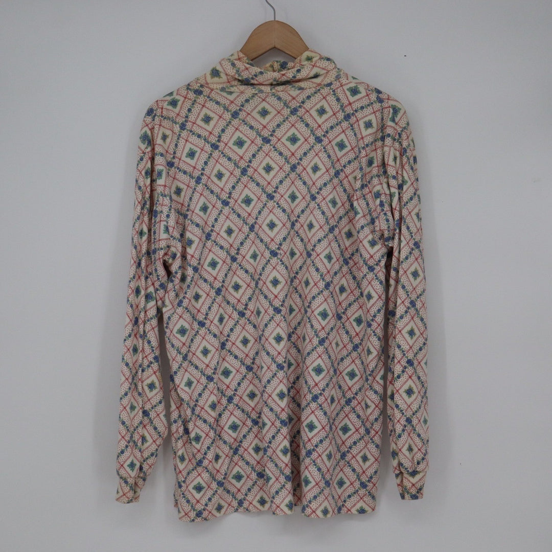 Cabin Creek Vintage 90s Floral Diamond Print Turtleneck Top XL Cream Blue Red