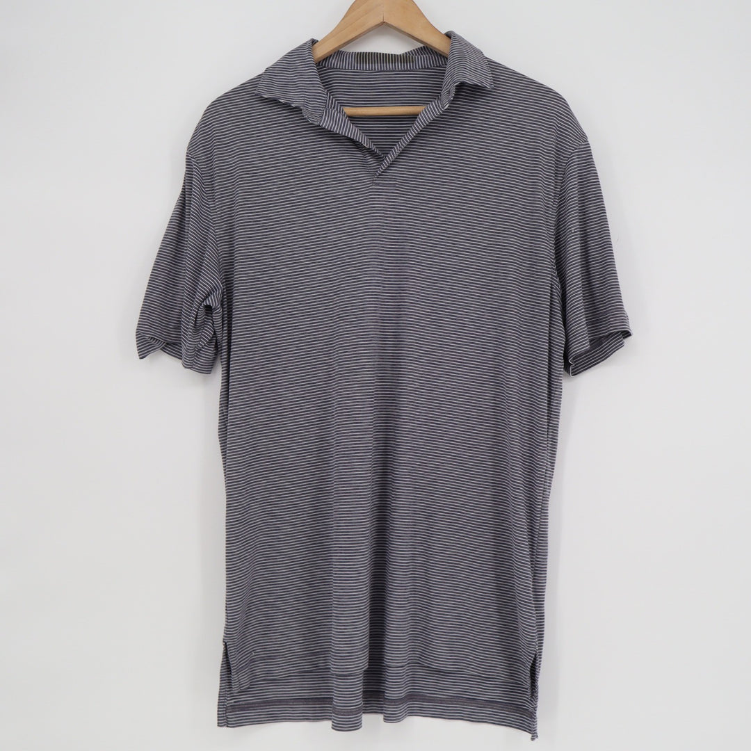 Mens Navy Blue White Micro Stripe Short Sleeve Polo Shirt Golf Top SKU RKA 369