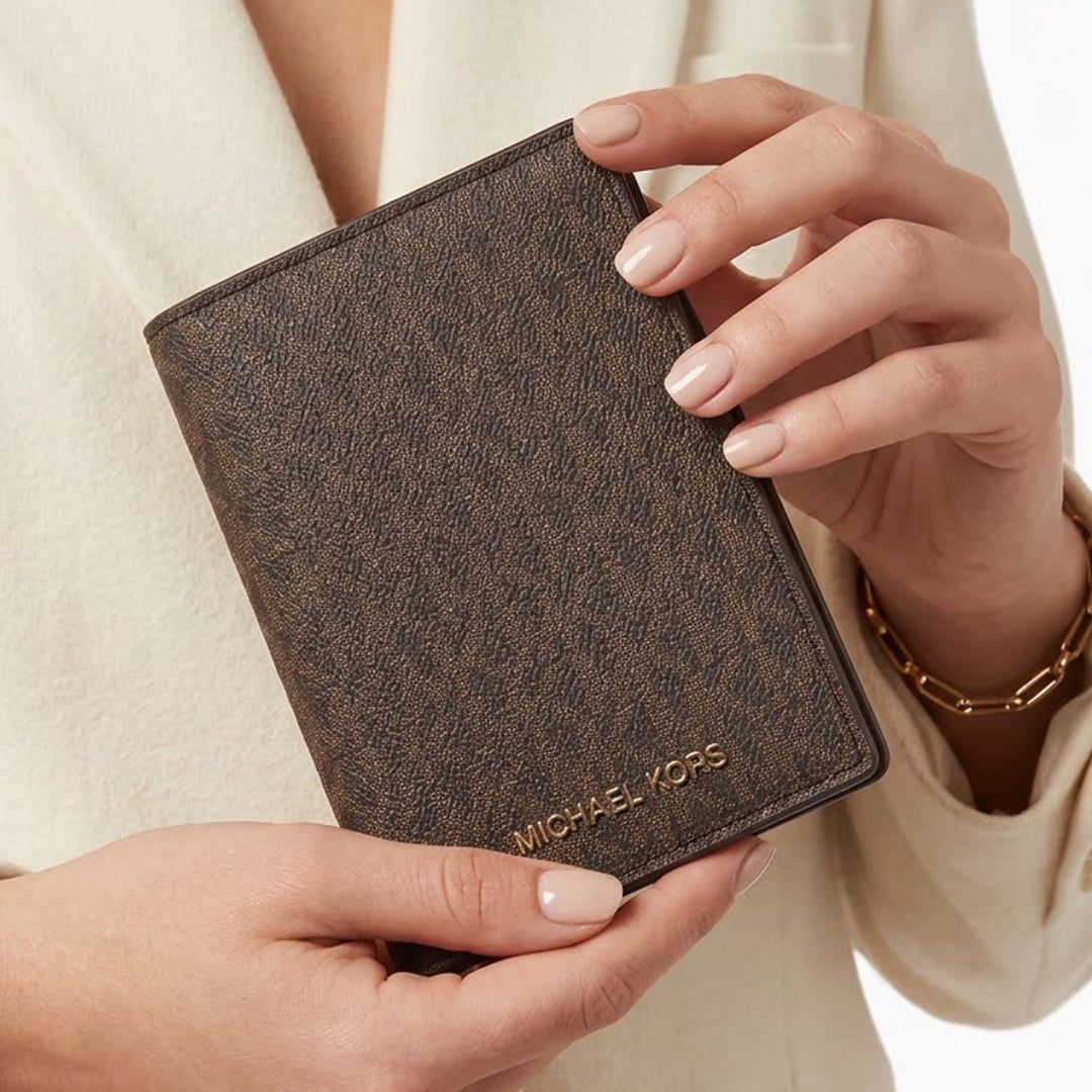 Michael Kors Brown Signature Logo Vertical Bifold Wallet ID Window