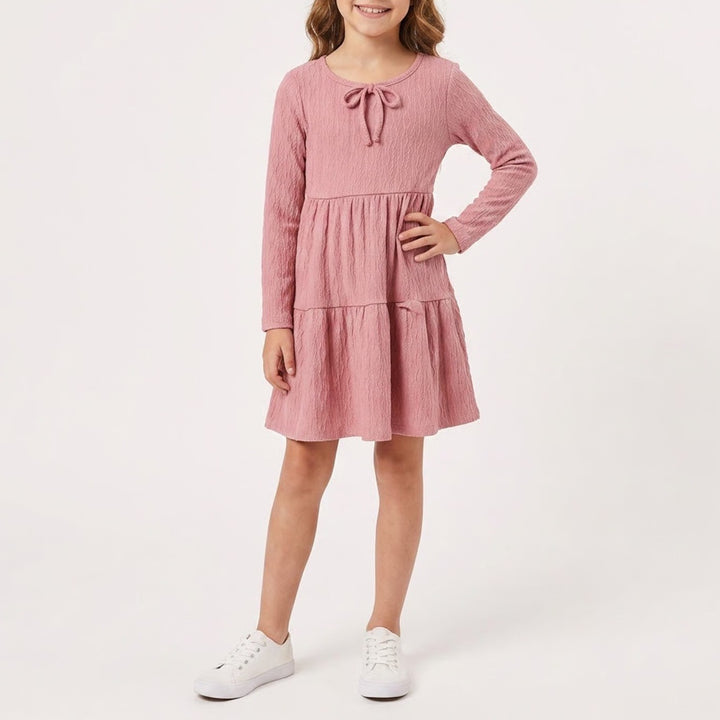 Glitter Girl Girls Pink Textured Long Sleeve Tiered Dress Size 7 Mauve