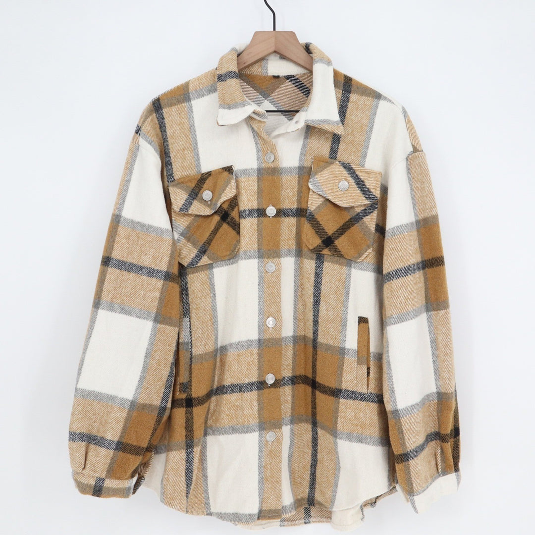 Unbranded Tan Plaid Button Down Shacket Oversized Flannel Shirt Jacket XL