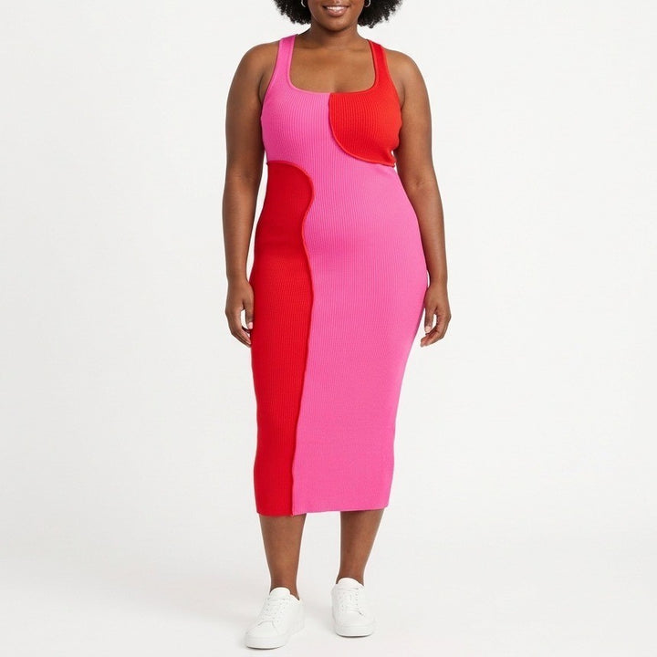 Naked Wardrobe Pink Red Colorblock Ribbed Racerback Midi Dress NW-D2400 Large