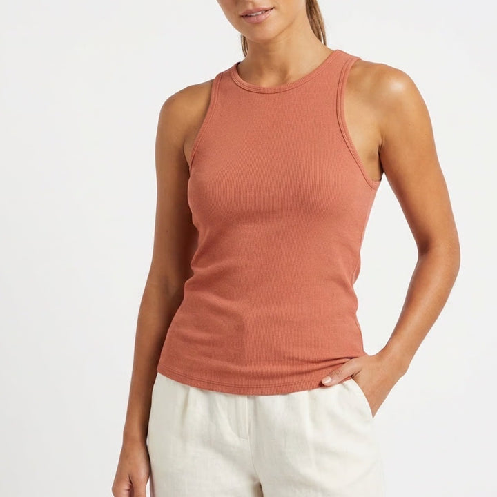Prologue Womens Ribbed Knit High Neck Tank Top Terracotta Orange Medium