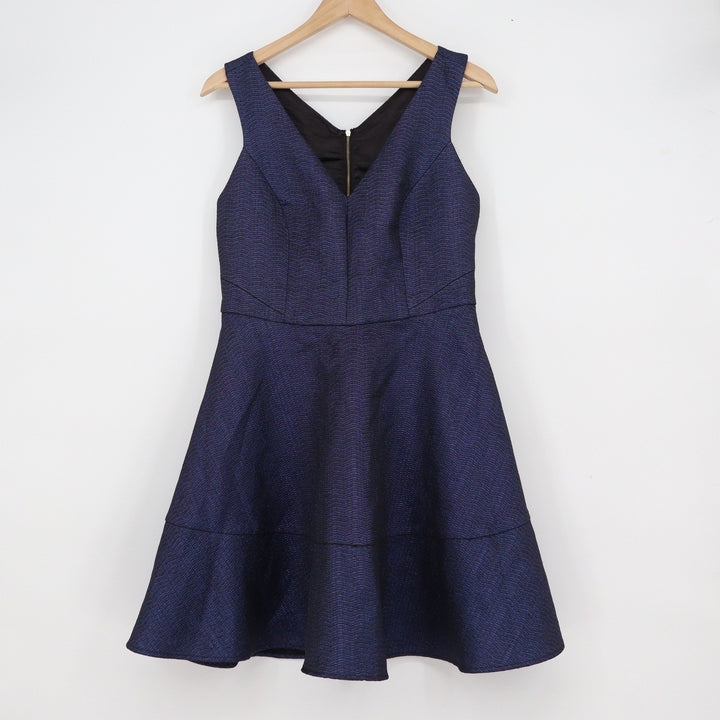 Express Navy Blue Metallic Textured Fit and Flare V-Neck Cocktail Dress Size 10