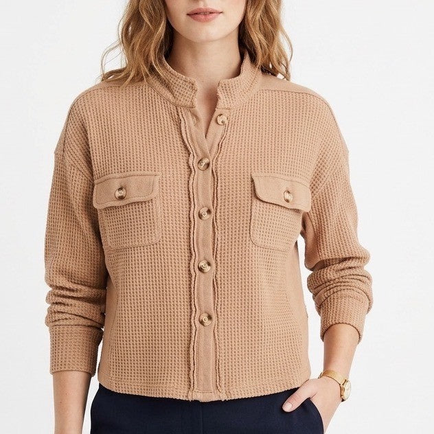Womens Shacket Medium Beige Waffle Knit Stretch Raw Hem Detail Button Front