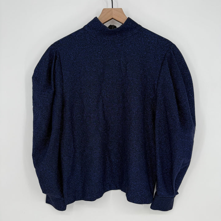 PatBo Sweater Womens Medium Blue Glitter Stretch Mock Neck Puff Sleeve Back Zip